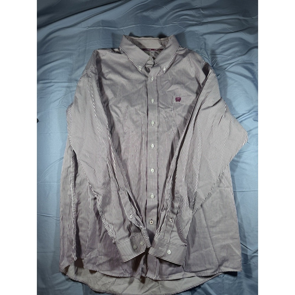Cinch Men's Maroon & White Striped Long Sleeve Button Up Shirt Size XL